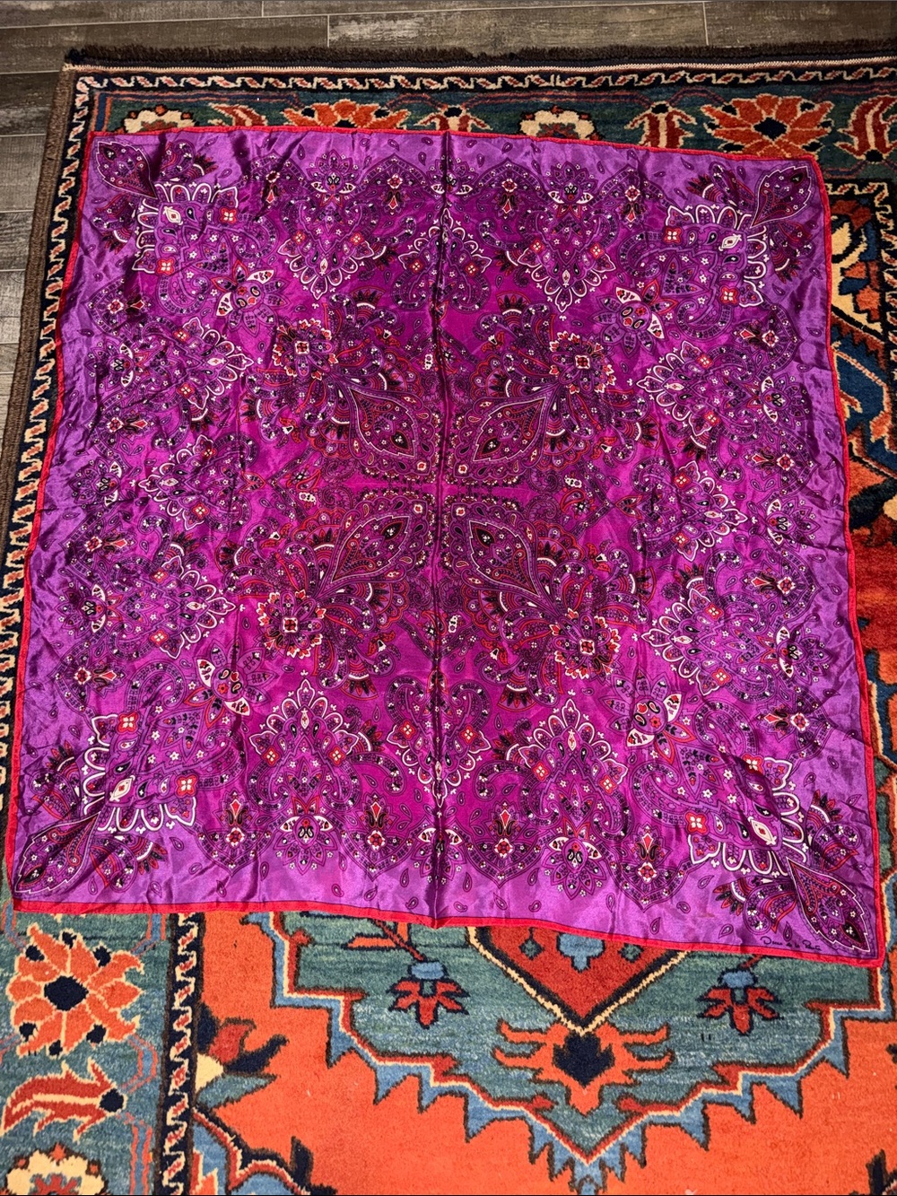 Vintage Oscar de la Renta Silk Scarf Magenta Purple Paisley Square Medallion